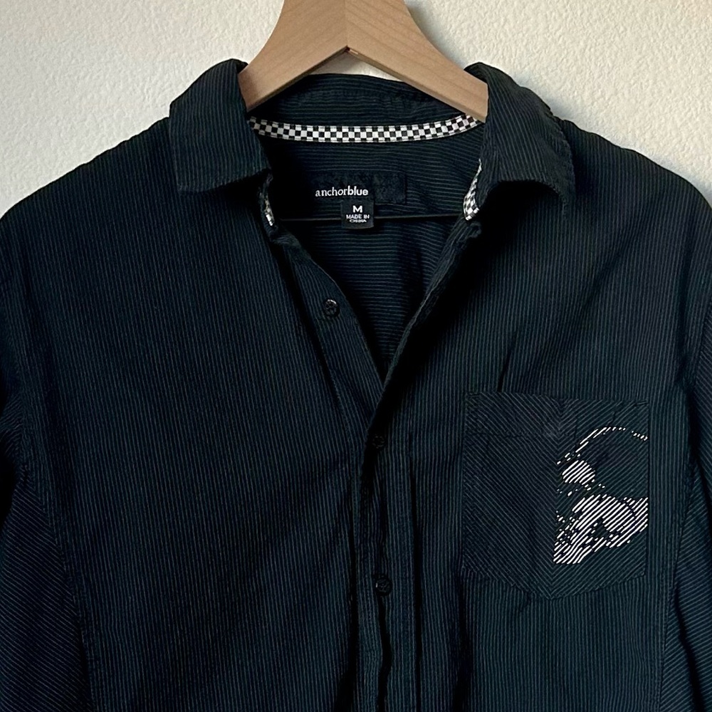 Y2K Anchorblue Button-down Black Pinstriped Skull Shirt